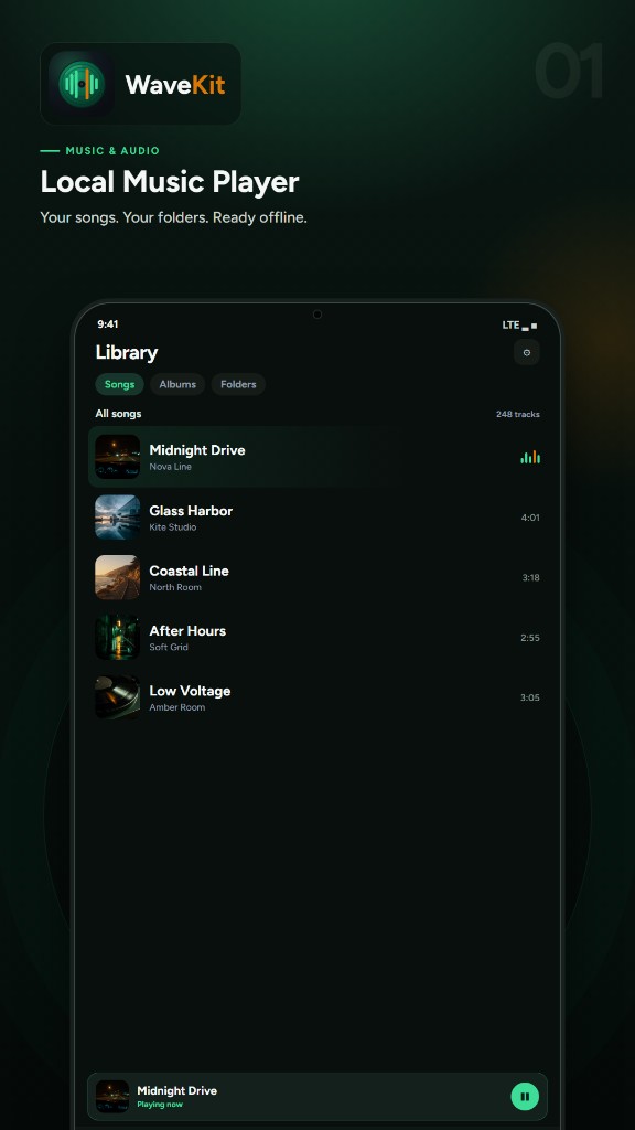 WaveKit Local Music Player library with songs, albums, and folders