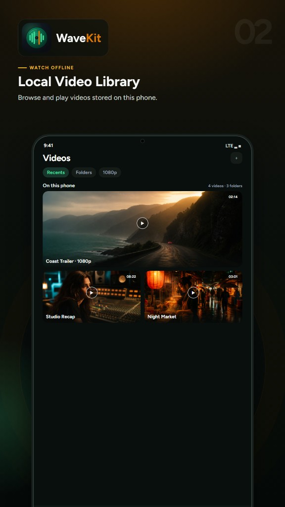 WaveKit Local Video Library with recents and folders