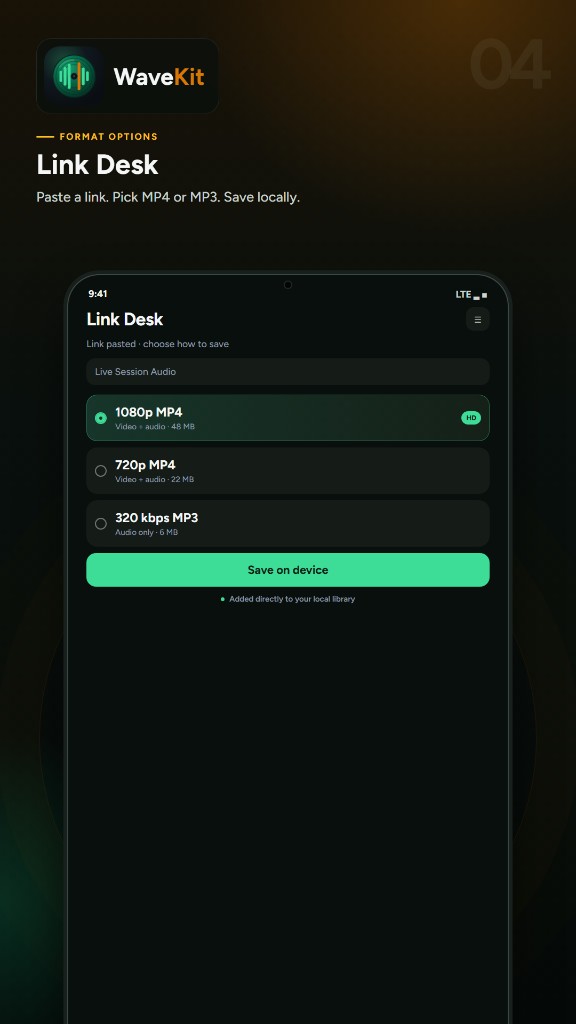 WaveKit Link Desk format options for MP4 or MP3